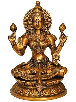 9" Four-Armed Lakshmi Brass Statue in Abhaya-Mudra | Handmade Hindu Goddess Figurine