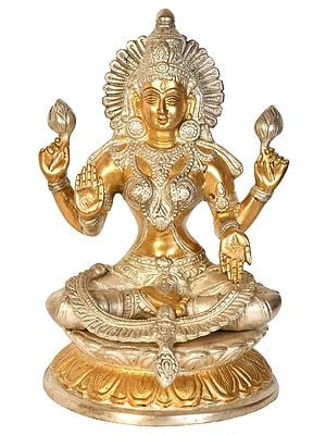 9" Four-Armed Lakshmi Brass Statue in Abhaya-Mudra | Handmade Hindu Goddess Figurine