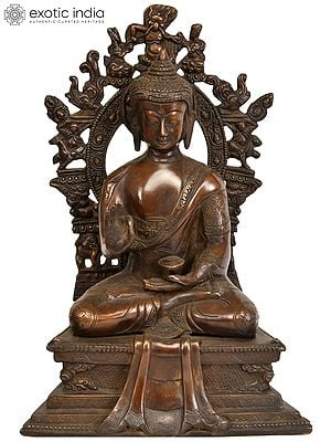 11" Lord Buddha Seated on Six-Ornament Throne of Enlightenment In Brass | Handmade | Made In India
