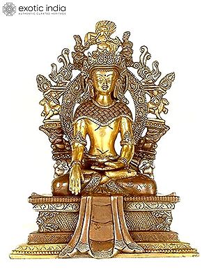 11" Crowned Buddha Seated on Six-Ornament throne of Enlightenment In Brass | Handmade | Made In India
