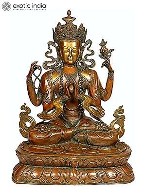 27" Tibetan Buddhist Deity- Large Size Chenrezig (Shadakshari Lokeshvara) In Brass | Handmade | Made In India