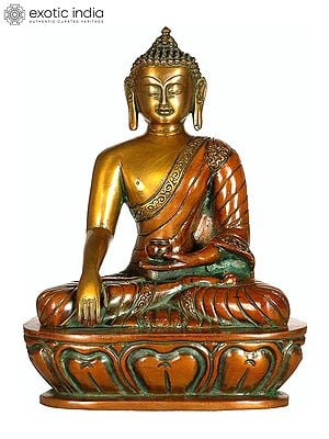 10" Bhumisparsha Buddha with His Robe with Smooth Folds Covering Only One Shoulder In Brass | Handmade | Made In India