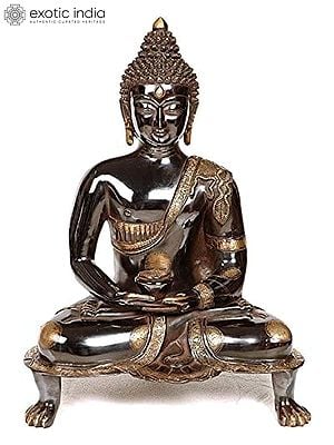 20" Black Buddha in Dhyana Mudra - (Robes Decorated with Scenes from the Life of Buddha) In Brass | Handmade | Made In India