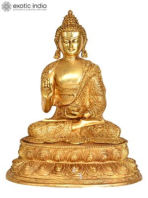16" Preaching Buddha Seated On Double Lotus Pedestal with Superfine Carved Robe -Tibetan Buddhist In Brass | Handmade | Made In India