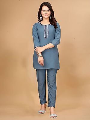 Cotton Handwork Solid Round Neck Co-Ord Set For Women