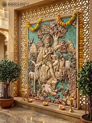 48" Divine Krishna With Cow Marble Wall Panel With Serene Hand Carved