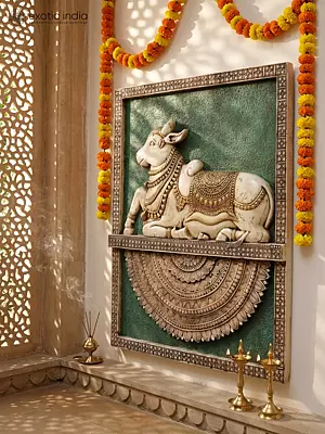 57" Sacred Nandi Marble Wall Panel Hand Carved Temple Artwork