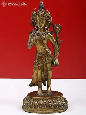 Copper Padmapani Statue: 10" Tibetan Buddhist Deity (Avalokiteshvara)