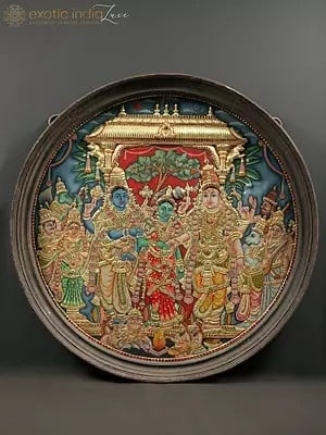 Goddess Meenakshi Kalyanam | Round Shape Tanjore Painting | With Vintage Teakwood Frame