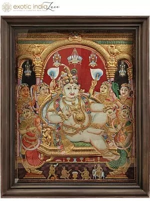 Superfine Darbar Krishna | Embossed Tanjore Painting | With Vintage Teakwood Frame