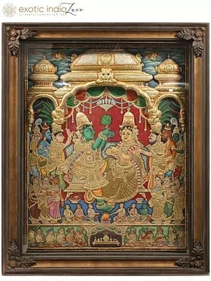 Superfine Goddess Sita Kalyanam | Embossed Tanjore Painting | With Vintage Teakwood Frame