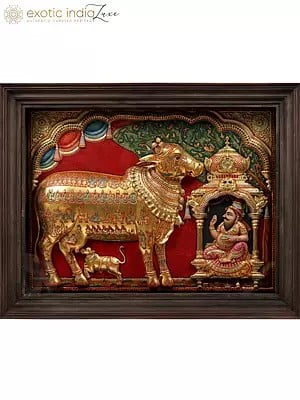 Kamadhenu Cow With Vashist Muni Tanjore Painting with 22 Karat Gold Embossed Work | With Burma Teak Frame