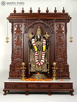 73" Super Large Brass Tirupati Balaji (Venkateshvara) with Ashtalakshmi Wood Carved Designer Temple with Marble Base