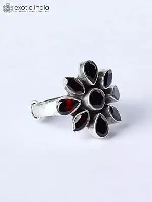 Floral Design Sterling Silver Ring with Garnet Gemstone