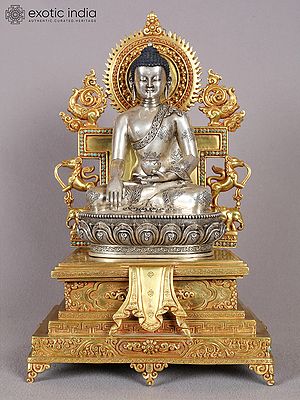 Shakyamuni Buddha on a Golden Throne | Nepalese Silver and Gold Statue