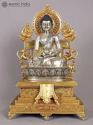 Shakyamuni Buddha on a Golden Throne | Nepalese Silver and Gold Statue