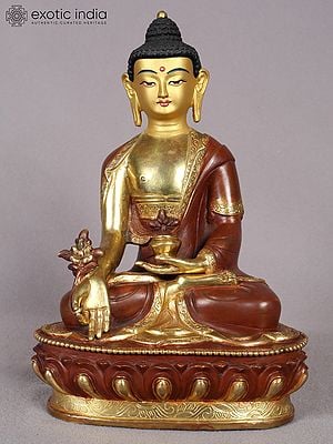 8" Medicine Buddha Copper Statue from Nepal | Copper Idol with Gold Plated