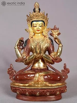 9" Chenrezig (Four-Armed Avalokiteshvara) Statue from Nepal | Copper Idol with Gold Plated