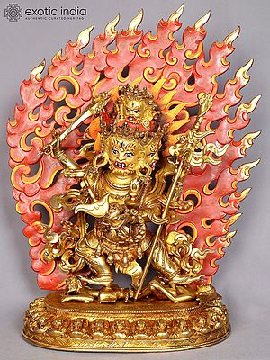 Four Headed Mahakala Copper Idol with Gold Plated