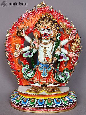 13" Six Hands White Mahakala Copper Statue from Nepal