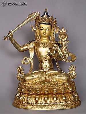 15" Manjushri Copper Statue from Nepal | Buddhist Deity Idols