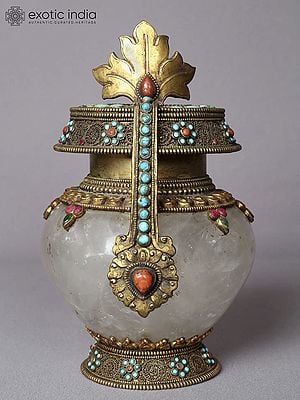 8" Superfine Puja Kalash Made of Crystal and Copper with Gold Plated