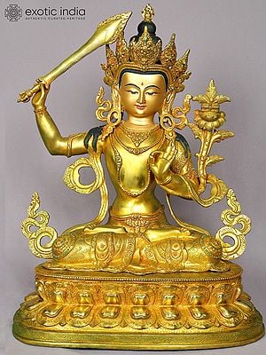 19" Manjushri Idol with Sword | Nepalese Gilded Copper Statue