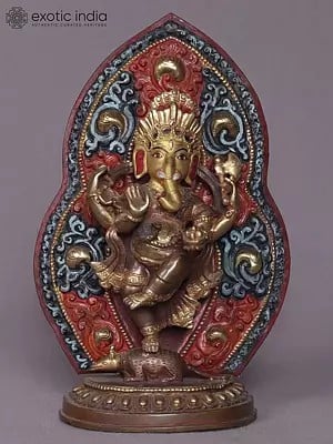 8" Dancing Lord Ganesha Idol on Mouse | Copper Statue from Nepal