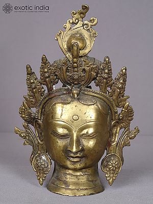 10" Green Tara Brass Idol Head with Crown from Nepal