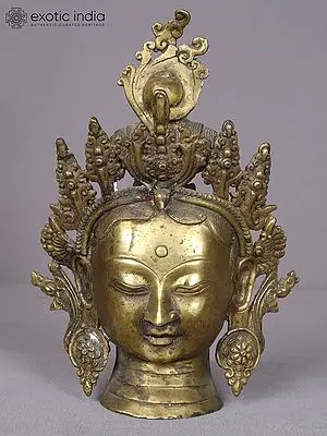 10" Green Tara Brass Idol Head with Crown from Nepal
