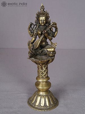 12" Brass Goddess Saraswati Lamp from Nepal