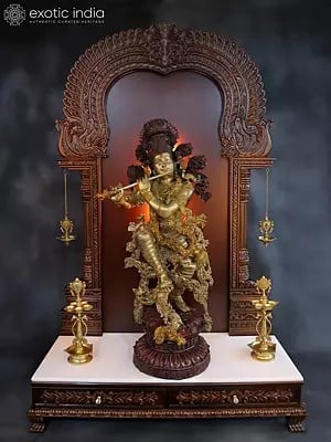 70" Brass Superfine Lord Krishna Statue in Wooden Temple Frame Stand with Vaishnav Symbol Lamps