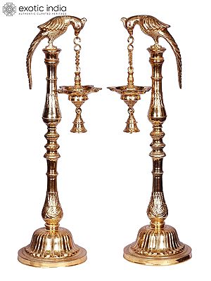 30" Gold Plated Two Parrot & Bell with Stand Lamp