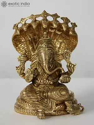 7" Brass Lord Ganesha Seated on Sheshnag