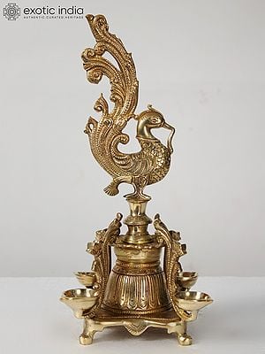 14" Four Wicks Peacock Lamp in Brass