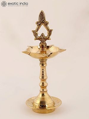 6" Indian Brass Pooja Lamp (Deepam) with Leaf Top