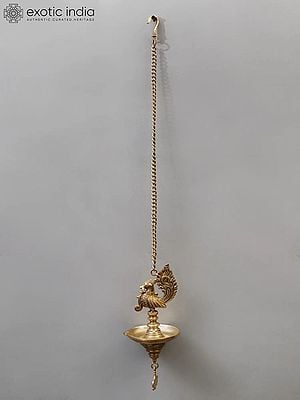 30" Peacock Design Hanging Lamp in Brass