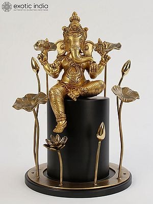 19" Brass Chaturbhuja Lord Ganesha Seated on Wooden Pedestal