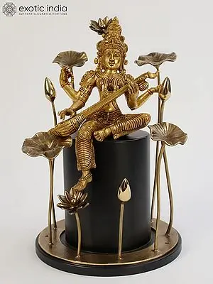 19" Brass Goddess Saraswati Seated on Wooden Pedestal