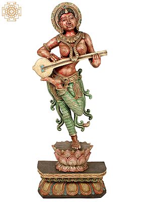 47" Large Wooden Dancing Apsara Playing Musical Instrument