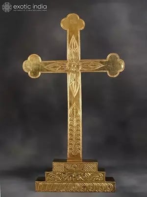 34" Large Jesus Cross Sign with Stand | Brass