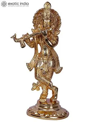 6" Lord Krishna Standing With Flute | Gold Plated Brass Statue