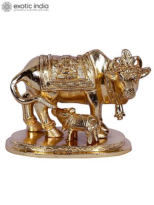 2" Mother Cow with Calf Figurine | Gold-Plated Brass Statue