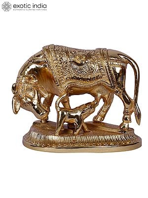 4" Mother Cow With Calf | Decorated Gold Plated Brass Statue