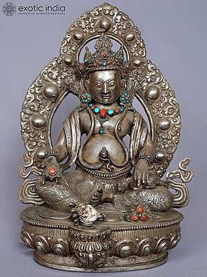 12'' God Kubera Silver Statue with Stone Work from Nepal