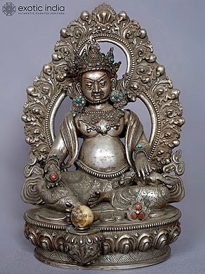 12'' God of Wealth Kubera Idol with Stone Work from Nepal | Silver Statue