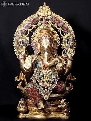 26'' Four Hand Ganesha Seated On Throne | Fine Stone Work