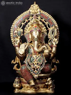 26'' Four Hand Ganesha Seated On Throne | Fine Stone Work