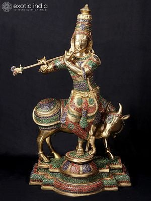 25'' Hindu God Krishna Playing Flute On Base | Fine Stone Work