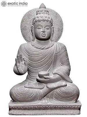 Healing Deity Stone Sculpture: Medicine Buddha in Vitarka Mudra (9'')